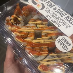 Ninja Poke & Sushi Rolls - Shrimp Tempura with sriracha and spicy mayo on top