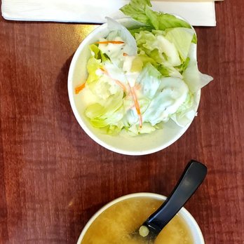 Sushi Cuisine - The salad and miso soup (complimentary with entrée). - Sushi Bars Near Me - Turlock, California Sushi Cuisine - The salad and miso soup (complimentary with entrée). - Sushi Bars Near Me - Turlock, California