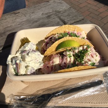 The Surf Block Island - Fish Tacos, potato salad was very good with a fresh dill dressing - American Near Me - New Shoreham, Rhode Island