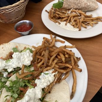 Cactus Grill - Fish Tacos with creamy avocado crema and chicken wrap with homemade fries - Mexican Near Me - Meridian, Texas