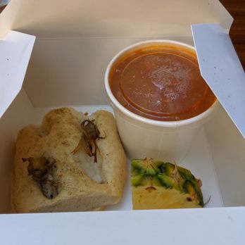 Mezzo - Minestrone soup with artichoke thyme bread and a slice of pineapple - Sandwiches Near Me - Berkeley, California