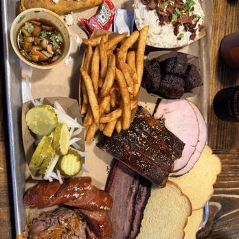 Hurtado Barbecue - El Jefe With Baked Potato Salad & French Fries With added on Birria Taco - Barbeque Near Me - Arlington, Texas Hurtado Barbecue - El Jefe With Baked Potato Salad & French Fries With added on Birria Taco - Barbeque Near Me - Arlington, Texas