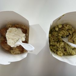 Pasta Volo - Mafalde w/ alfredo, roasted garlic & olive oil, meatballs & fresh ricotta and Fusilli w/ pesto, pancetta & fresh mozzarella
