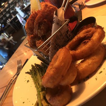 Oceans & Ale - Coconut Shrimp with Onion Rings and Asparagus - Seafood Near Me - Williamsburg, Virginia