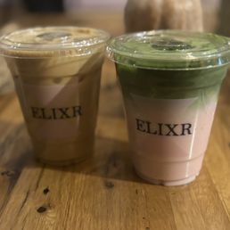 To my left is the caramel black salt latte. To my right is the strawberry oat milk matcha latte. To my left is the caramel black salt latte. To my right is the strawberry oat milk matcha latte.