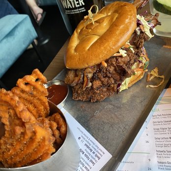 Linger - Fried chicken sandwich with sweet potatoes- huge - Asian Fusion Near Me - Denver, Colorado Linger - Fried chicken sandwich with sweet potatoes- huge - Asian Fusion Near Me - Denver, Colorado