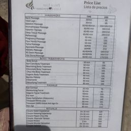 Menu for spa