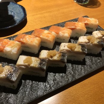 Toyo Sushi - Aburi saba oshi sushi and ebi smoke salmon oshi sushi - Sushi Bars Near Me - Burnaby, British Columbia