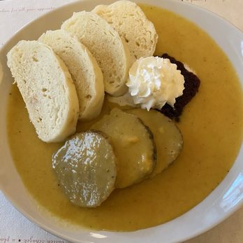 Café Louvre - Beef in cream sauce with cranberry and dumplings...meh - Cafes Near Me - Prague, Puerto Rico