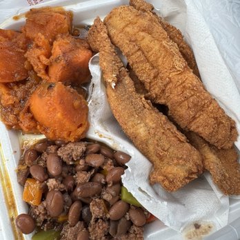 SOUL GOOD - Fried Fish (Swai), Chef's Candied Yams, Turkey Chili Beans - Soul Food Near Me - Tulare, California