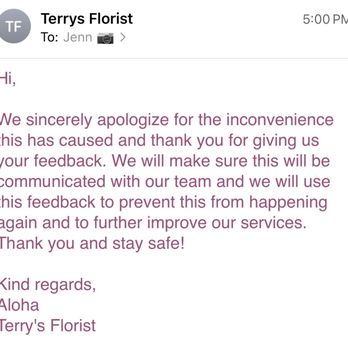 Terry's Florist - Same canned response as several others who have fallen victim - Florists Near Me