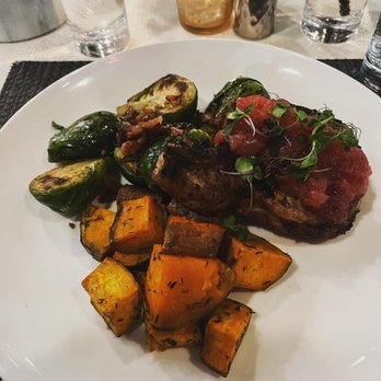 All Set Restaurant & Bar - Bond in Pork Chop with Roasted Sweet Potatoes, Bacon Brussels Sprouts and Apple chutney - New American Near Me - Silver Spring, Maryland