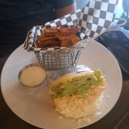 Chicken arepa and plantain chips