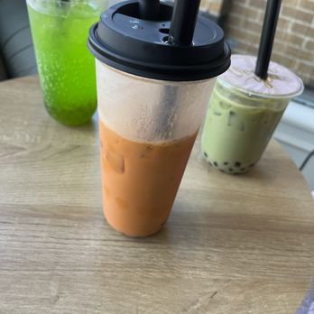 Golden Tiger Tea - left to right: sparkling green apple, thai tea, strawberry matcha with tapioca - Bubble Tea Near Me - Massillon, Ohio