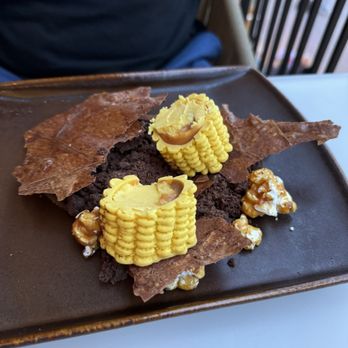 Paseo - Dessert- saffron ice cream, white chocolate corn shell, honey gele, popcorn and cinnamon bark. - Mexican Near Me - Anaheim, California Paseo - Dessert- saffron ice cream, white chocolate corn shell, honey gele, popcorn and cinnamon bark. - Mexican Near Me - Anaheim, California