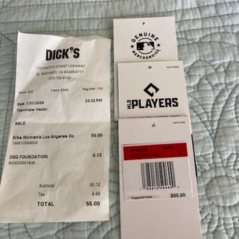 DICK'S Sporting Goods - NOT cheap Genuine Dodgers shirt with little hole on sleeve - - SO disappointed! - Sports Wear Near Me - El Segundo, California DICK'S Sporting Goods - NOT cheap Genuine Dodgers shirt with little hole on sleeve - - SO disappointed! - Sports Wear Near Me - El Segundo, California