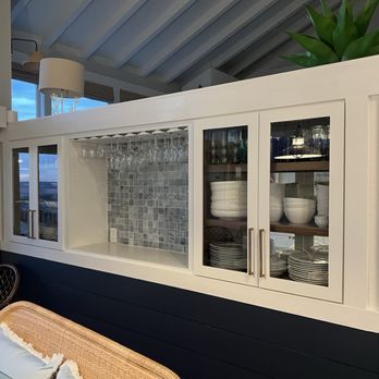 Luxury Cabinets & Finish - Walnut shelves, interior and new painted glass doors. - Cabinetry Near Me Luxury Cabinets & Finish - Walnut shelves, interior and new painted glass doors. - Cabinetry Near Me
