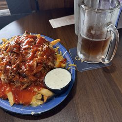 Whistle Stop Bar & Grill - Pulled pork French fries and a beer.
