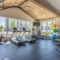 Timberridge Place Apartment Homes - A spacious gym with a variety of exercise equipment and a large window overlooking the outdoors.