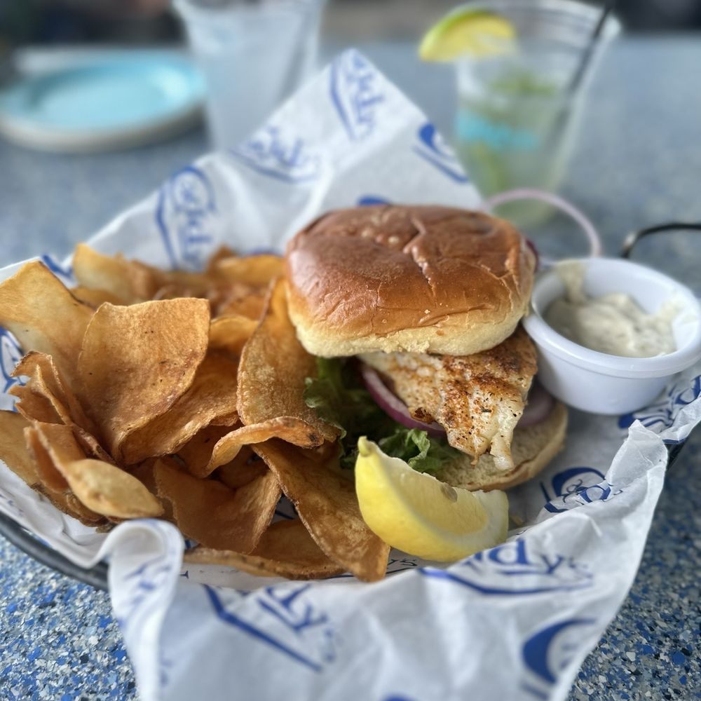 Caddy's Madeira Beach - Blackened grouper sandwich with Housemade chips - Bars Near Me - Madeira Beach, Florida
