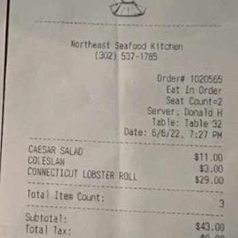 Northeast Seafood Kitchen - Receipt - Seafood Near Me - Ocean View, Delaware