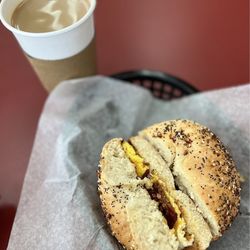 Cupertino's Bagels Deli - Bacon, egg, and cheese bagel w/ Colombian coffee