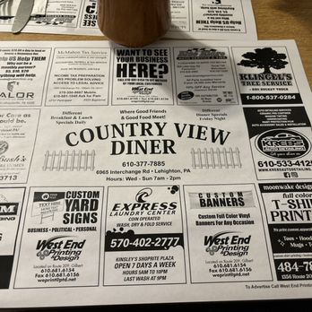 Country View Diner - Placemats - Diners Near Me - Lehighton, Pennsylvania