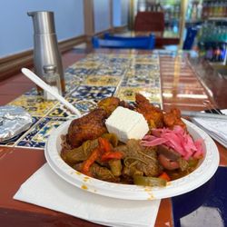 Deli Pupuseria Salvadorena - Hot lunch platter; beef stew with moro rice, maduros, soft cheese (quijada), and fresh tortillas + orchata .