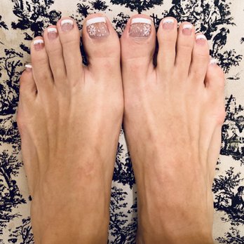 SD Nails - French tip pedicure with snowflake design and light silver speckles - Nail Salons Near Me - San Diego, California SD Nails - French tip pedicure with snowflake design and light silver speckles - Nail Salons Near Me - San Diego, California