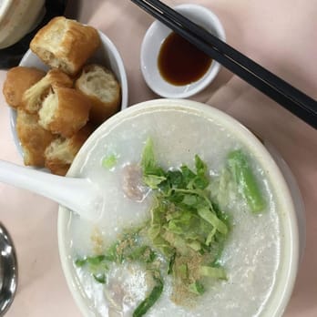 妹記生滾粥品 - Congee (rice porridge) with fish slices and pork meatballs. And Chinese donut. - Congee Near Me - Hong Kong, HK