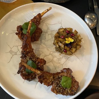 Farzi Cafe - Grilled lamp chops - cooked perfect but had zero flavor and was served warm. The chutney on the side tasted better. - Indian Near Me - Bellevue, Washington
