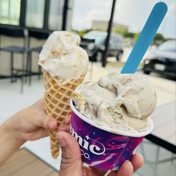 Cosmic Ice Cream - Banana Pudding on a cone and Campfire S'more and Chocolate Milk & Cookies in a cup - Ice Cream & Frozen Yogurt Near Me - Pearland, Texas