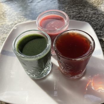 Fig Tree Cafe - Immune shot trio Green- tropical shot - the best Dark red - a little spicy but 2nd best Top pink was our least favorite - Breakfast & Brunch Near Me - San Diego, California