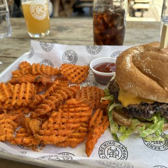 Bend Brewing Company - BBC Smash burger and sweet potato waffle fries - Breweries Near Me - Bend, Oregon Bend Brewing Company - BBC Smash burger and sweet potato waffle fries - Breweries Near Me - Bend, Oregon