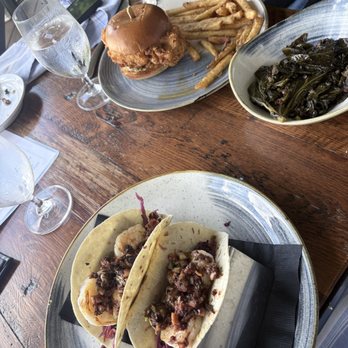 Dahlonega Resort & Vineyard - Shrimp tacos, Chicken sandwich, fries, collard greens. - New American Near Me - Dahlonega, Georgia Dahlonega Resort & Vineyard - Shrimp tacos, Chicken sandwich, fries, collard greens. - New American Near Me - Dahlonega, Georgia