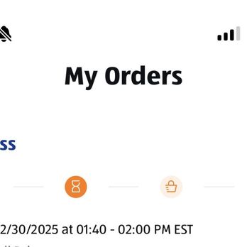 ALDI - Order status page on a mobile app displaying 'In Progress' with icons and pickup time details for December 30, 2025. - Grocery Near Me - Miami, Florida