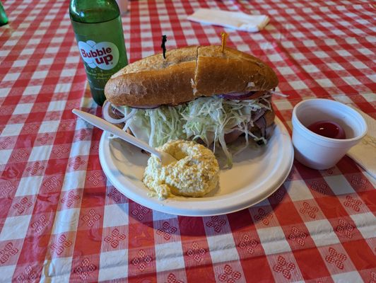 Photo of Tony's French Dips - Pomona, CA, US. Grinder sandwich with a scoop of egg salad and a pickled egg.