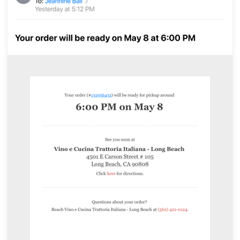 Vino e Cucina - @ 5:12, email says food won't be ready until 6:00. - Italian Near Me - Long Beach, California