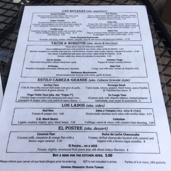 Cabeza Grande - One side of the menu - Mexican Near Me - Canmore, Alberta