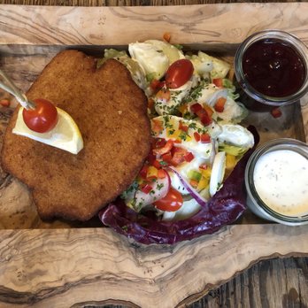 Alpenrose Vail - Schnitzel "Wiener Art" - comes with lingonberry jam, salad and cold potato wedges - German Near Me - Vail, Colorado