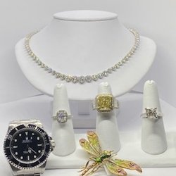 Associated Watch & Jewelry Buyers - Diamond necklace, 10ct yellow diamond ring, ROLEX, antique dragonfly pin.