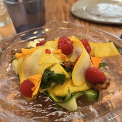 Deer + Almond - Peaches and Raspberries with zucchinni.