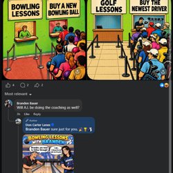 Don Carter Lanes - Don Carter Lanes' official Facebook page replying to my comment with an AI-generated cartoon, using my likeness, without my permission.