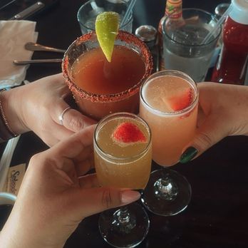Monica’s Riverview - Sheering with peach and guava mimosas and a michelada - Breakfast & Brunch Near Me - Antioch, California