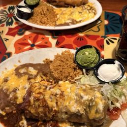 Machaca Chimichanga and chicken chimichanga both with rice and beans