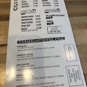 Carmela Coffee - West Delray - Menu 2 - Coffee & Tea Near Me - Delray Beach, Florida Carmela Coffee - West Delray - Menu 2 - Coffee & Tea Near Me - Delray Beach, Florida