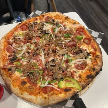 Farmington Pizza + Kitchen - Farmington Special Pizza (Onions, peppers, mushrooms, sausage and pepperoni with added bacon) - Pizza Near Me - Farmington, Connecticut Farmington Pizza + Kitchen - Farmington Special Pizza (Onions, peppers, mushrooms, sausage and pepperoni with added bacon) - Pizza Near Me - Farmington, Connecticut