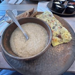 Southern Comfort Omelette with grits and rye toast. Delicious.