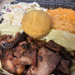 BBQ By Tony - Brisket Dinner, cones with choice of sides got Mac and cheese and coleslaw and cornbread