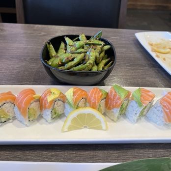 Sushi Boom - Salmon roll and Spicy Garlic Edamame - Sushi Bars Near Me - Orange, California Sushi Boom - Salmon roll and Spicy Garlic Edamame - Sushi Bars Near Me - Orange, California